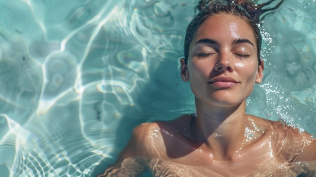 Mujer serena relajándose en la piscina iluminada por el sol