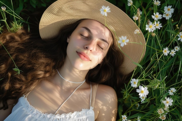 Foto mujer serena relajándose en el prado con flores de cosmea