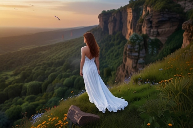 Foto una mujer serena con vistas a un paisaje vibrante al atardecer