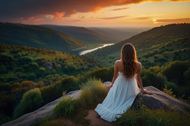 Foto una mujer serena con vistas a un paisaje vibrante al atardecer