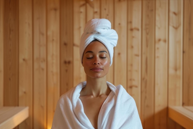 Mujer serenidad Spa envuelta en una toalla como fondo de madera