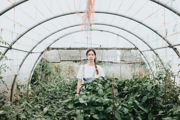 Mujer seria de pie en un invernadero cerca de plantas con verduras Sostenibilidad y concepto de crecimiento responsable Cosecha de alimentos ecológicos y biosaludables