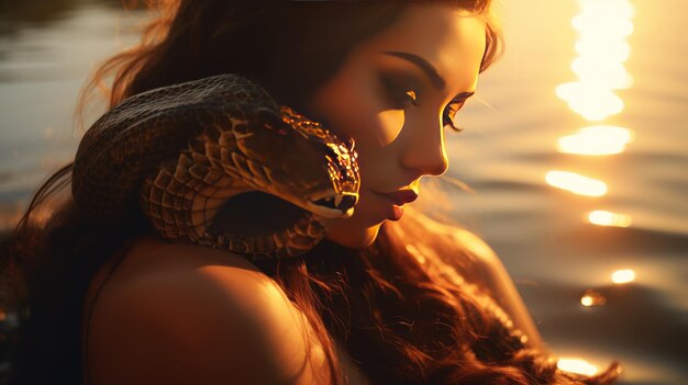 Foto mujer con serpiente alrededor del cuello