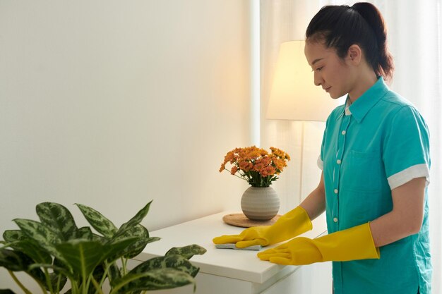 Mujer del servicio de limpieza limpiando el apartamento