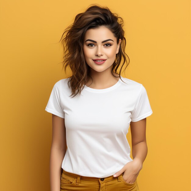 Mujer sexy con una camiseta blanca sobre el fondo naranja Mockup