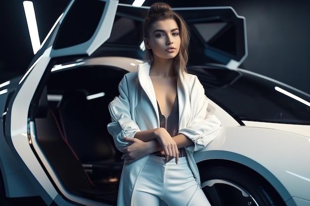 Mujer sexy se encuentra junto a un modelo de niña adulta de automóvil futurista cerca de AI generativa de vehículos de lujo