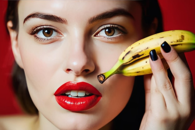 Mujer sexy con labios rojos tomando un bocado de plátano amarillo