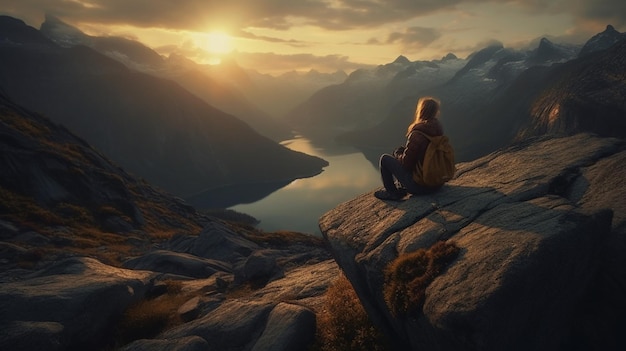 Una mujer se sienta en un acantilado con vistas a un lago y el sol se pone.