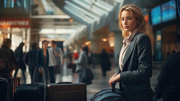 una mujer se sienta en un aeropuerto con su equipaje.