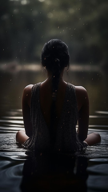 Una mujer se sienta en el agua con la palabra yoga en la espalda.