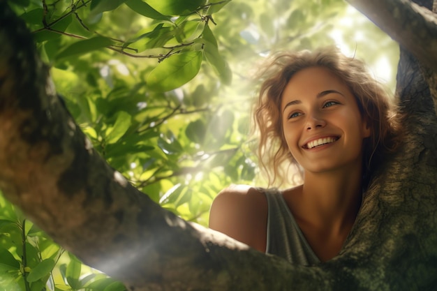 Una mujer se sienta en un árbol y sonríe a la cámara.