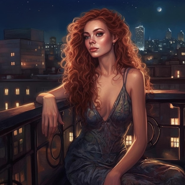 Una mujer se sienta en un balcón frente a un cielo nocturno con la luna al fondo.