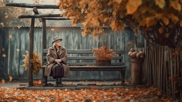 Una mujer se sienta en un banco frente a una cerca con un árbol al fondo.