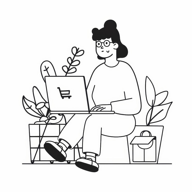Foto una mujer se sienta en un banco con plantas usando su portátil para comprar en línea está relajada y enfocada