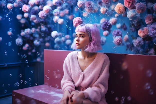 Una mujer se sienta en un banco rosa frente a una pared de flores.