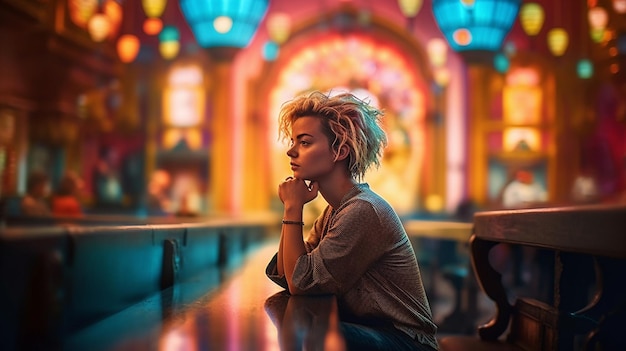 Una mujer se sienta en un bar frente a un fondo colorido.