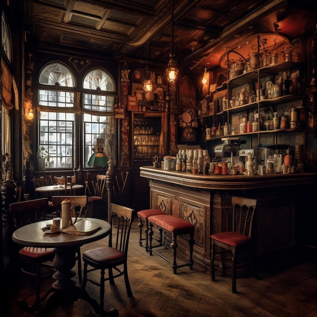 Foto una mujer se sienta en un bar con una mesa y sillas de madera.