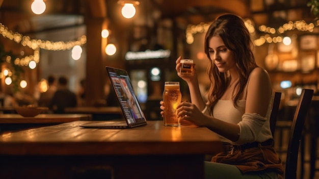 una mujer se sienta en un bar, usa una computadora portátil y bebe un vaso de cerveza.