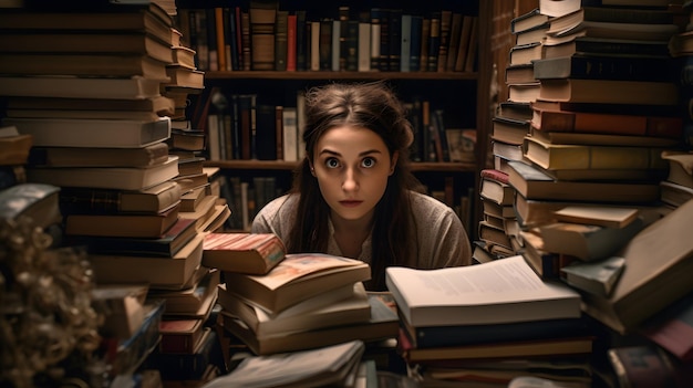 Una mujer se sienta en una biblioteca con muchos libros sobre la mesa.