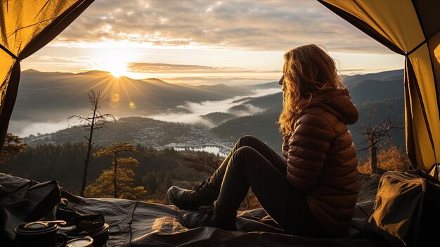 una mujer se sienta en una cabaña con vistas a una montaña con el sol poniéndose detrás de ella