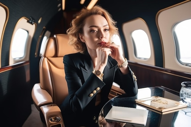 Una mujer se sienta en la cabina de un jet privado, la mujer está sentada a la mesa con un libro y un bloc de notas.