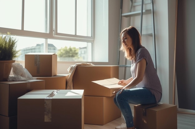 Una mujer se sienta en una caja en una habitación con muchas cajas.