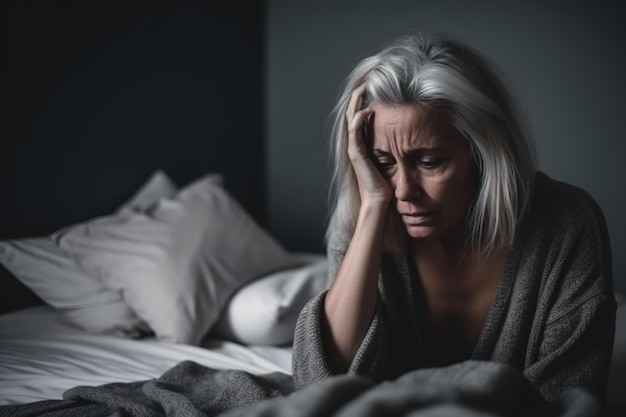 Una mujer se sienta en la cama con la cabeza en la mano.