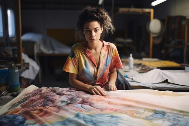 Foto una mujer se sienta en una cama con una colcha de colores