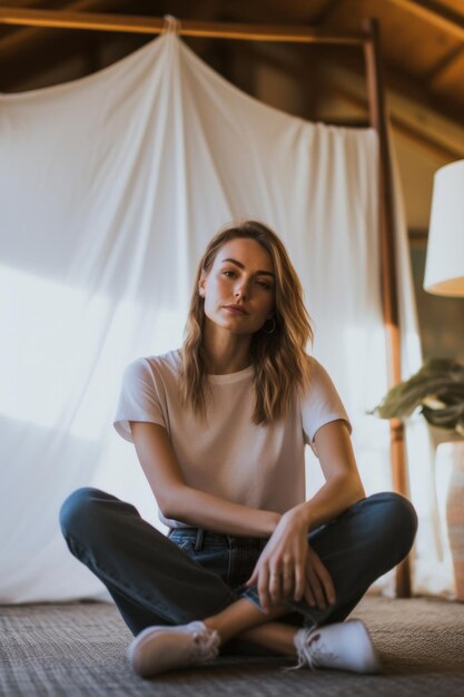 Foto una mujer se sienta en una cama frente a una cortina blanca.