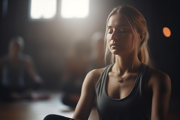Foto una mujer se sienta en una clase de yoga con los ojos cerrados y los ojos cerrados.