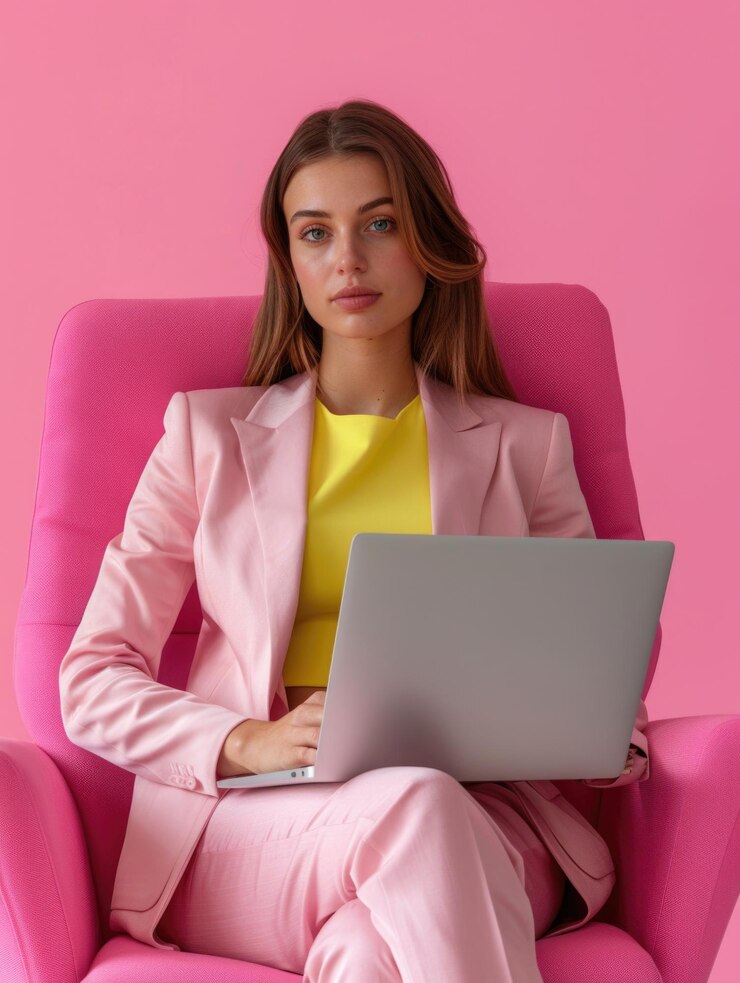 Una mujer se sienta cómodamente en una silla rosa centrándose en su trabajo en la computadora portátil