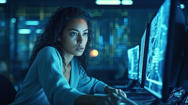 Una mujer se sienta en una computadora en una habitación oscura, mirando un monitor que dice "seguridad cibernética"