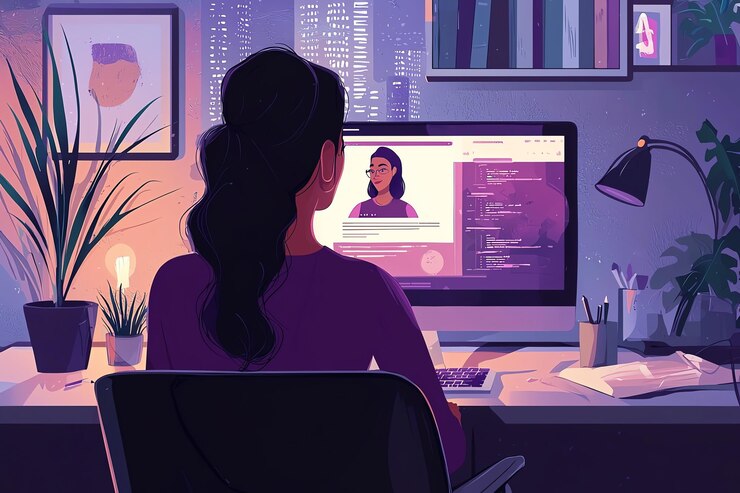Foto una mujer se sienta en una computadora con una imagen de una mujer en la pantalla