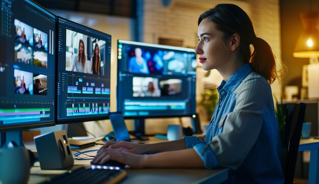 una mujer se sienta en una computadora con una pantalla que muestra a una mujer en la pantalla