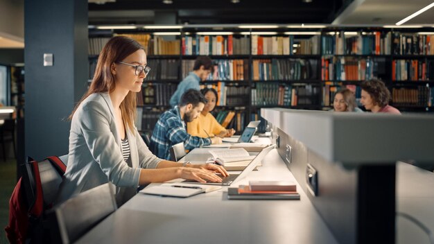 Una mujer se sienta en un escritorio en una biblioteca, leyendo libros y un hombre está trabajando en una computadora.