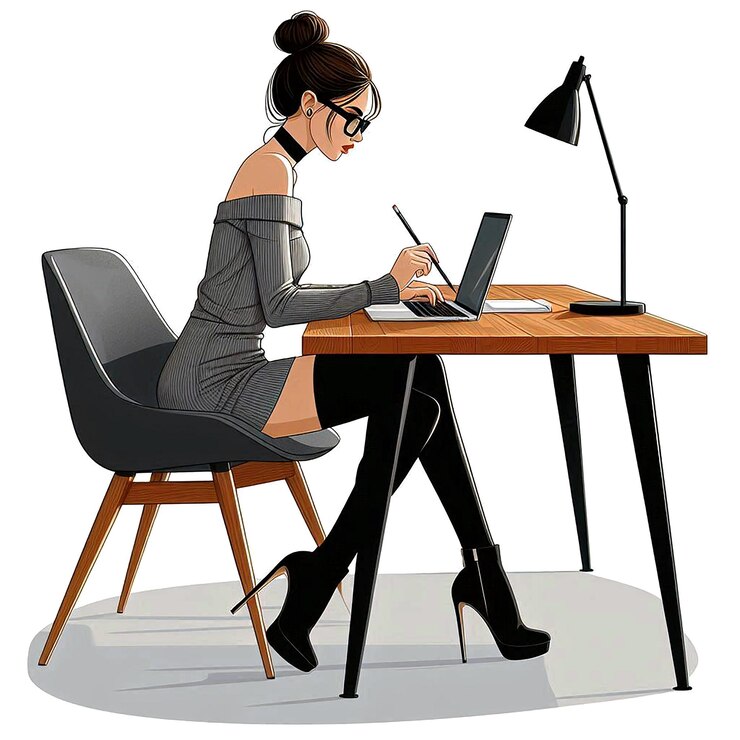 una mujer se sienta en un escritorio con una computadora portátil y una lámpara