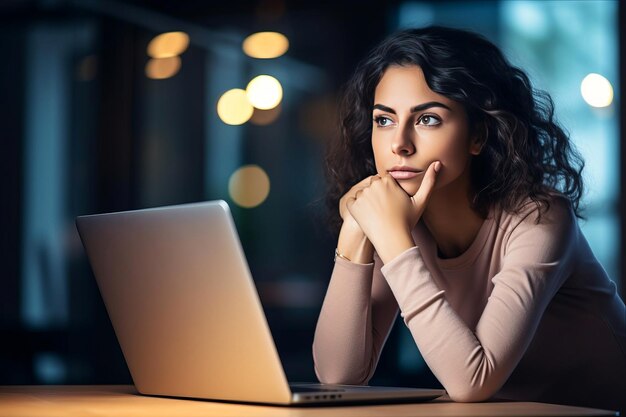 una mujer se sienta en un escritorio con una computadora portátil y mira la pantalla