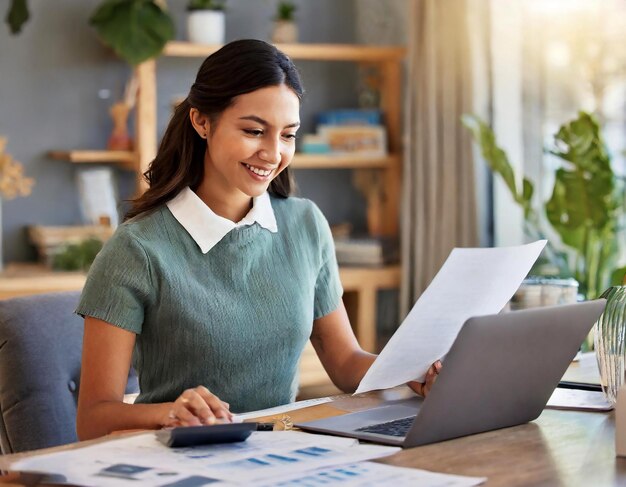 una mujer se sienta en un escritorio con una computadora portátil y un papel con la palabra en él