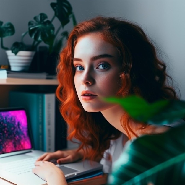 Una mujer se sienta en un escritorio con una computadora portátil y una planta detrás de ella.