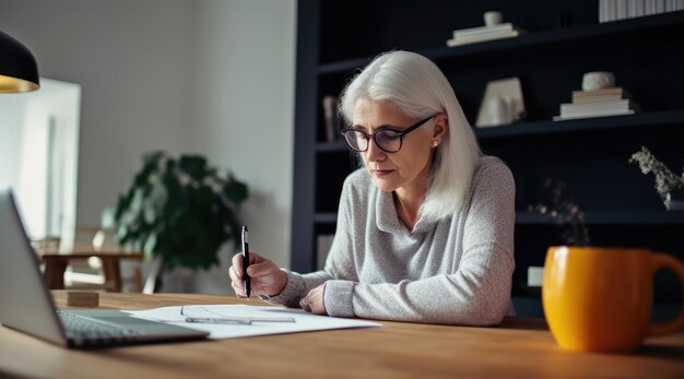 Una mujer se sienta en un escritorio y escribe en un papel.