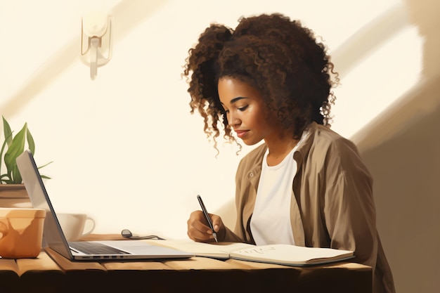 una mujer se sienta en un escritorio escribiendo en un cuaderno con una pluma en la mano.
