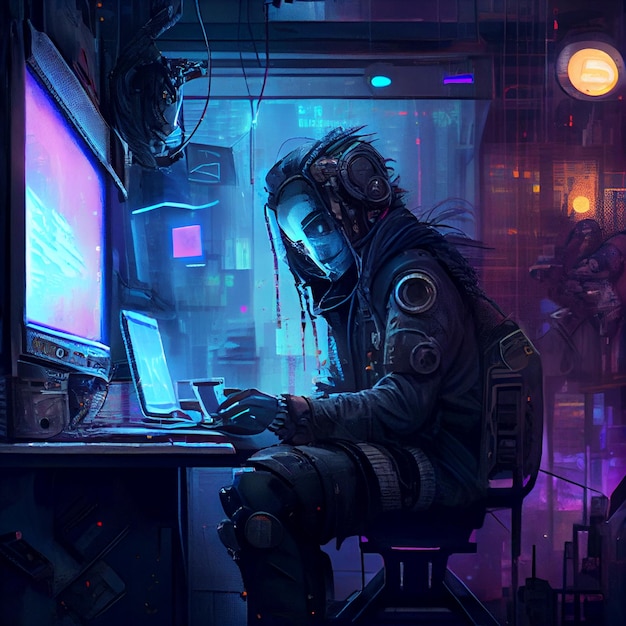 Una mujer se sienta en un escritorio frente a una pantalla de computadora que dice cyberpunk.