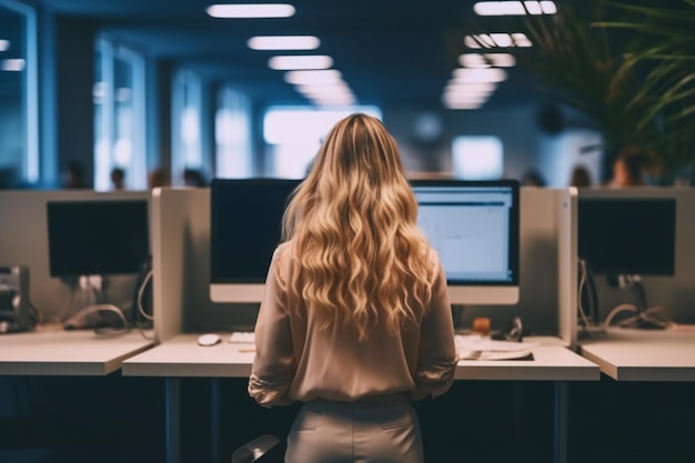 Una mujer se sienta en un escritorio frente a una pantalla de computadora que dice 'es hora de volver'
