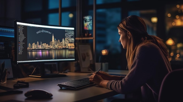 Una mujer se sienta en un escritorio frente a una pantalla de computadora que dice "inteligente".