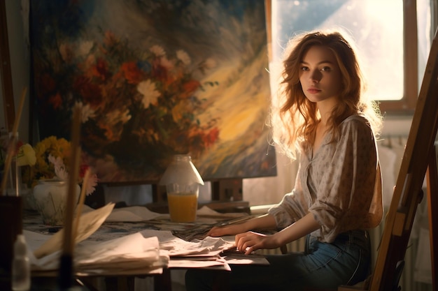 Una mujer se sienta en un escritorio frente a una pintura de una mujer.