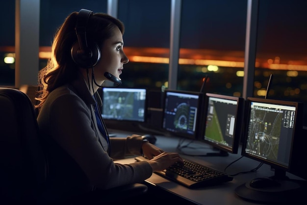 Foto una mujer se sienta en un escritorio con un monitor y un monitor que muestra un juego que dice juego