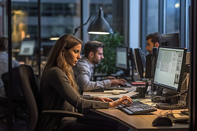 Una mujer se sienta en un escritorio en una oficina con un monitor de computadora que dice "es una computadora"