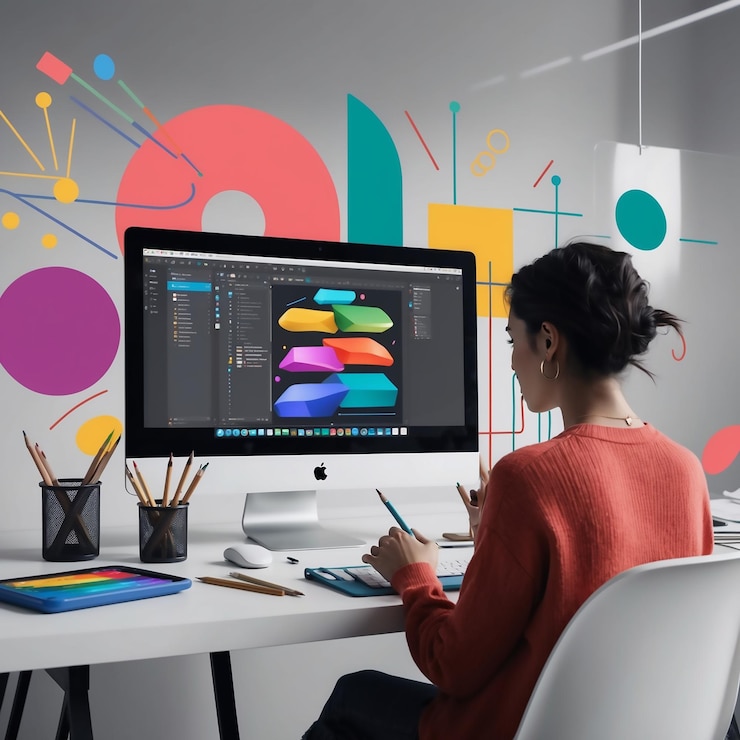 Foto una mujer se sienta en un escritorio con una pantalla colorida en él