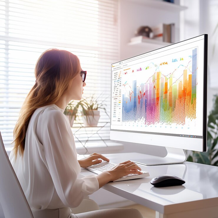 Foto una mujer se sienta en un escritorio con una pintura colorida en la pantalla