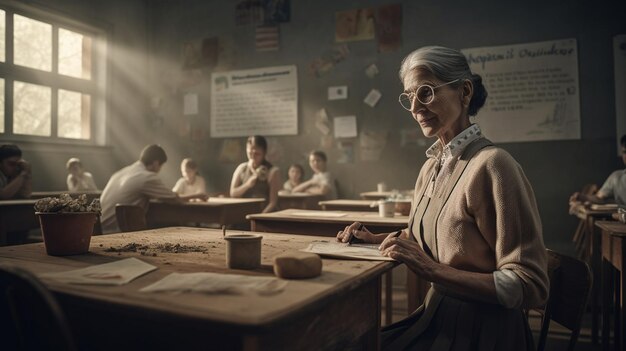 Foto una mujer se sienta en un escritorio en un salón de clases.